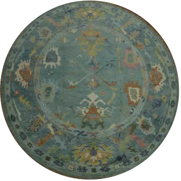 Traditional Blue & Earth Tone Oushak Rug | 10x10 Round Hand-Knotted Wool