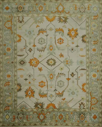 Traditional Oushak Hand Made Ivory and Orange Wool Rug 9x12 ft