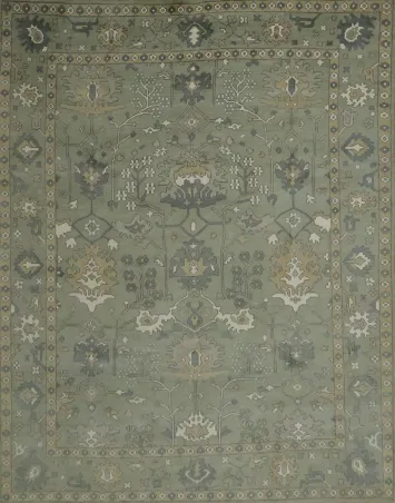 All-Over Floral Green Oushak Hand-Knotted Wool Area Rug 9x12