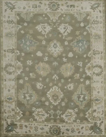 Traditional Sage Green & Ivory Hand-Knotted Oushak Wool Rug 9'x12'