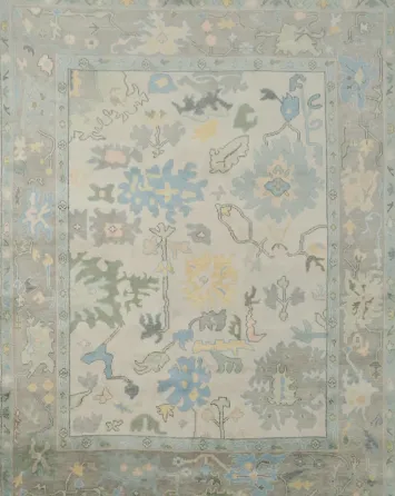 Hand-Knotted 8x10 Ivory Oushak Wool Rug for Living Room