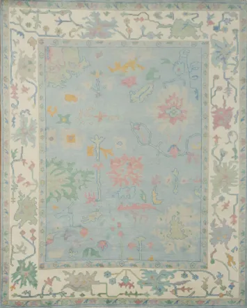 Luxury Blue Hand-Knotted Wool Area Rug with Intricate Floral Designs 8x10 ft