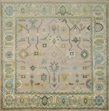 Oushak Hand-Knotted 9x9 Pink Square Wool Rug - Traditional Style
