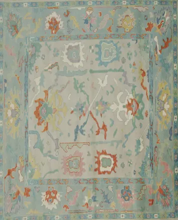 Grey and Blue 8x10 Oushak Traditional Rug, Hand-Knotted Wool Pile