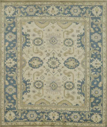 Traditional Blue and Beige Oushak Floral Wool Rug 8' x 10'