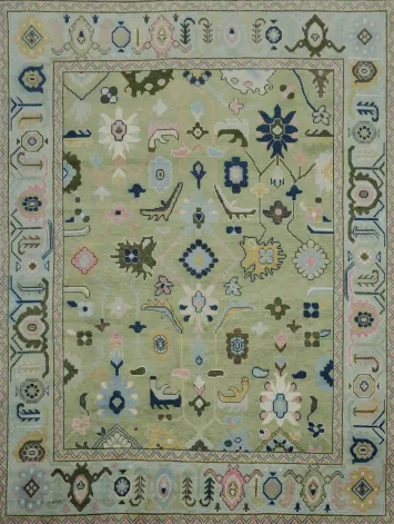 Vibrant Pistachio Green and Blue Oushak Hand-made Wool Rug 9' x 12'