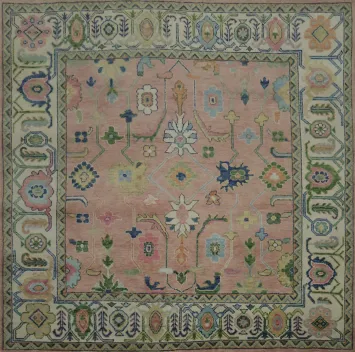 Handmade Pink 9x9 Square Oushak Area Rug - Wool Pastel Floral Medallion
