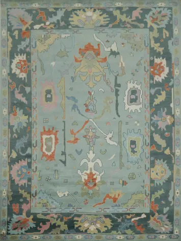 Elegant Blue Oushak Living Room Rug with Abstract Patterns 9' x 12'