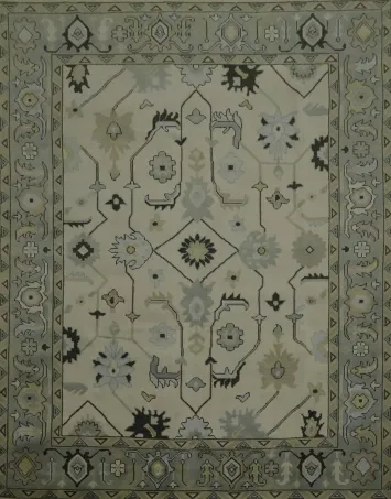 All-Over 9x12 Oushak Hand-Knotted Wool Rug in Ivory & Blue