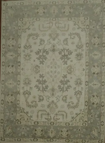 All-Over Ivory and Grey Border 9x12 Oushak Hand-Knotted Wool Rug
