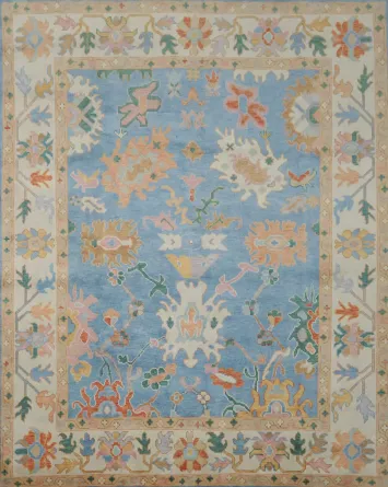 Blue and Ivory All-Over Oushak Turkish Wool Area Rug 8x10