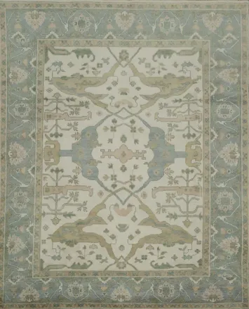 Traditional Oushak Ivory with Blue Border Wool Rug 8x10 ft