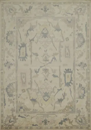 Oushak Style 10x14 Hand-Knotted Rug - Ivory & Light Blue  Wool Area Rug