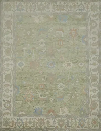 Green Traditional Oushak Hand-Knotted Wool Area Rug - 9x12