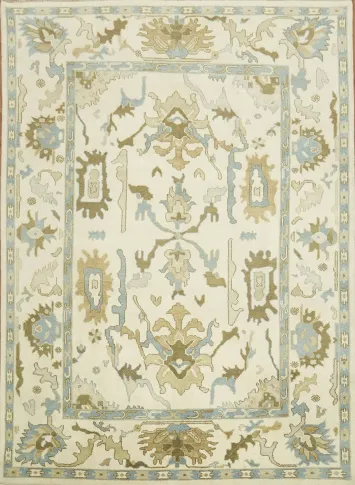 Intricate Beige and Blue Rug with Exquisite Floral Motifs 9x12 ft