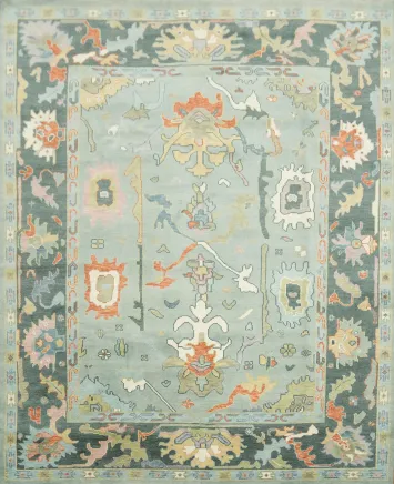 Exquisite Oushak Wool Rug in soft pastels and bold ornamental designs 8x10 ft