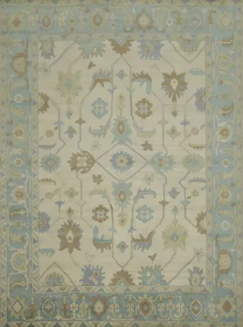 Beige with Blue Border Oushak Hand-Knotted Wool Rug 9' x 12'