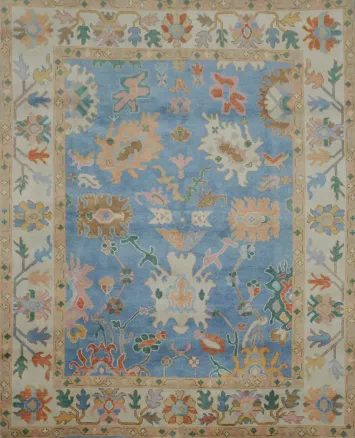 Traditional 8x10 Oushak Hand-Knotted Wool Area Rug - Blue/Ivory