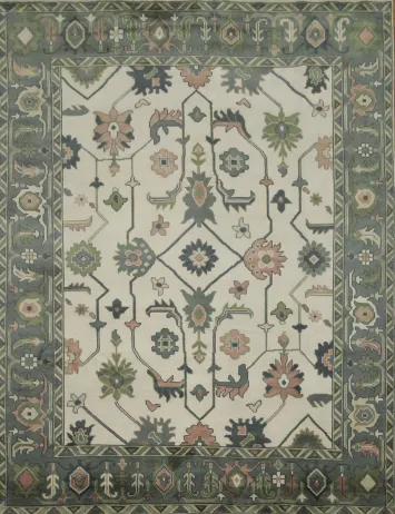 Traditional 9x12 Oushak Hand-Knotted Wool Area Rug - Ivory/Green