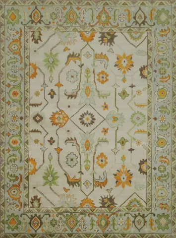 9' x 12' Traditional Oushak Rug - Hand-Knotted Wool - Sage Green & Earthy Tones