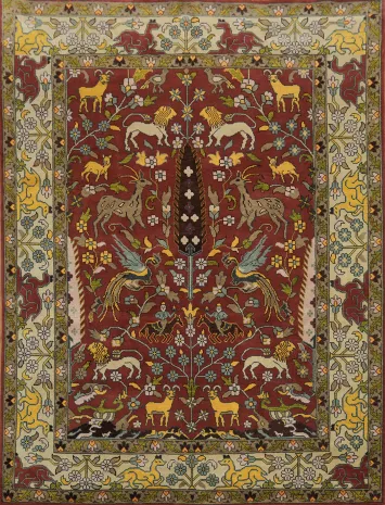 9x12 Traditional Animal Pictorial Oriental Rug - Crimson Red Wool