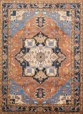 Heriz Serapi Hand-Knotted Oriental Area Rug - 9x12 Rust & Blue Wool Rug