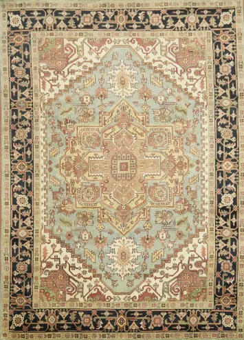 Light Blue and Green Heriz Serapi Traditional Large Rug 10'x14'