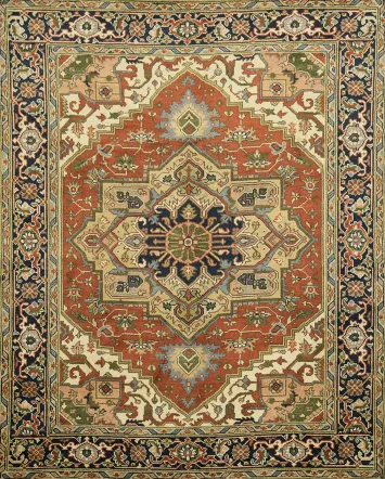 Traditional Rust and Navy Blue Heriz Serapi Living Room Rug in Warm Earthy Tones 8'x10'