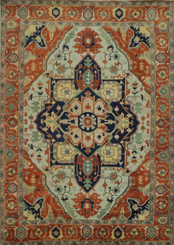 Light Blue and Rust Heriz Serapi Persian Style Large Rug 10'x14'