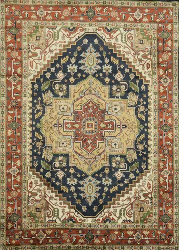 Navy Blue Traditional Heriz Serapi Hand-knotted Large Rug 10x14