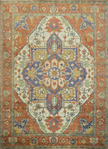 Mint Green Classic Heriz Serapi Rug with Geometric Central Motif 10'x14'