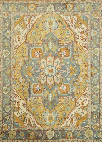 Golden Yellow Heriz Serapi Oriental Rug 10' x 14' | Hand-Knotted Large Wool