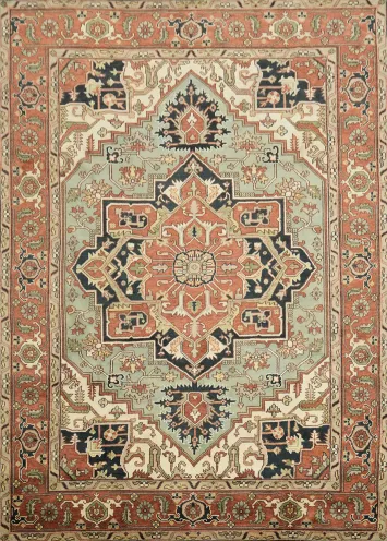 Light Blue Geometric Heriz Serapi Oriental Large Rug 10x14