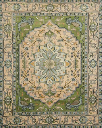 Luxury Peach and Green Heriz Serapi Oriental Rug (8x10) - Hand-Knotted Geometric Wool