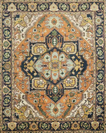 Orange and Navy Hand-Knotted 8x10 Heriz Serapi Wool Rug | Traditional Persian Style