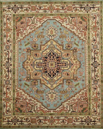 Traditional Geometric Heriz Serapi Style Area Rug, 8' x 10' Blue and Green