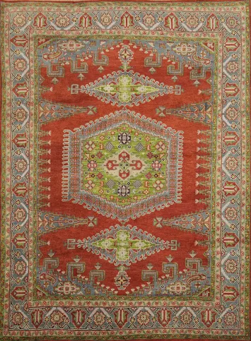 Red and Green Geometric Tribal Hand-Knotted Viss Wool Rug  9x12