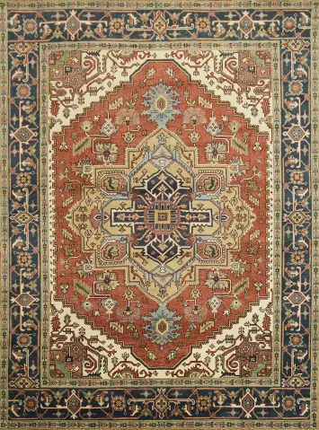 Heriz Serapi Rust and Navy Blue Area Rug 9x12