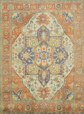 Blue and Green Persian Style Heriz Serapi Wool Rug 9' x 12'