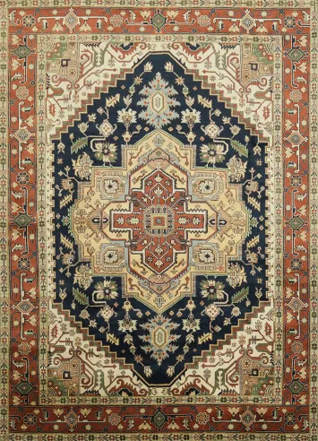 Navy Blue and Rust Traditional Heriz Serapi Oriental Large Rug - 10' x 14' Hand-Knotted