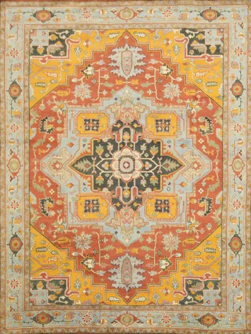 Geometric Mustad and Blue Heriz Serapi Wool Living Room Rug 9' x 12'