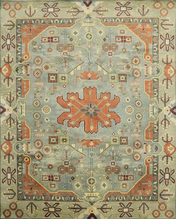 Geometric Blue and Orange Hand-Knotted Wool Rug 8' x 10'