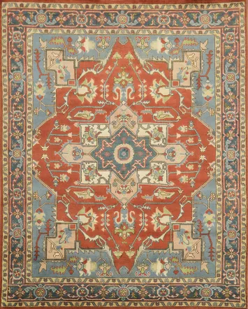 Rust and Blue Heriz Serapi Persian-Style Rug - 8x10 Hand-Knotted Wool