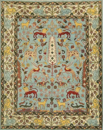 Light Blue 8'x10' Hunting Design Animal Pictorial Blue Hand-Knotted Wool Rug