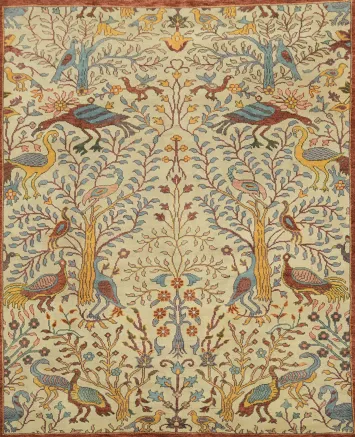 Bird and Tress Sage Green 8x10 Ziegler Hand-Knotted Wool Rug