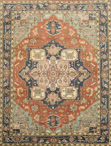 Rust and Navy Persian Style Hand-Knotted Wool Rug 9x12