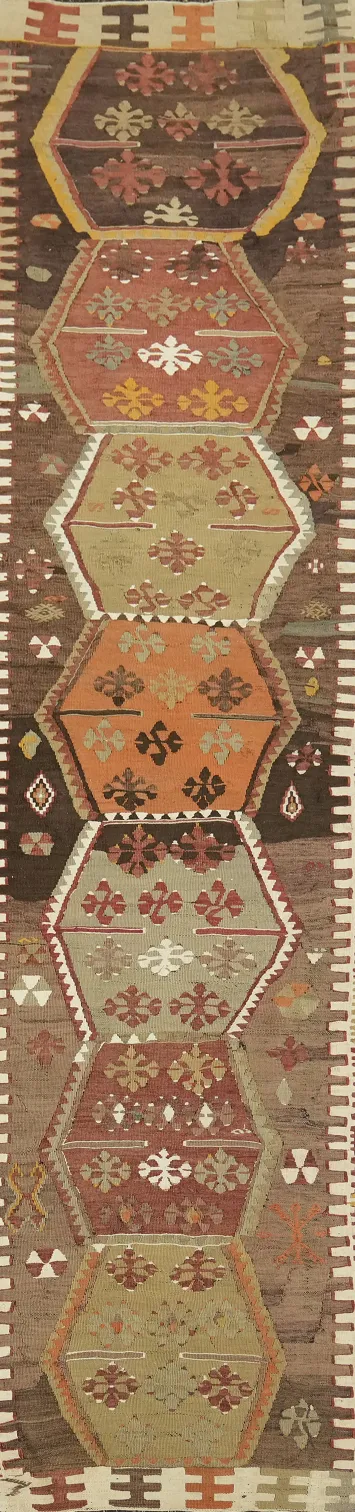Kilim Turkish Runner Geometric Wool Rug 3x12
