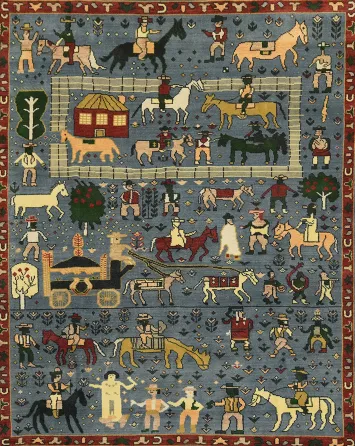 Village theme with Horses and People Art Deco Blue Wool Rug 8'x10'