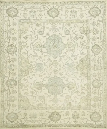 Cream and Green Traditional Oushak Living Room Rug 8'x10'