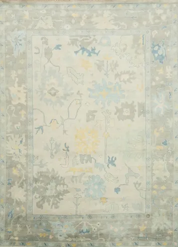 Light Grey Hand-Knotted 10x14 Traditional Oushak Hand-Knotted Wool Rug